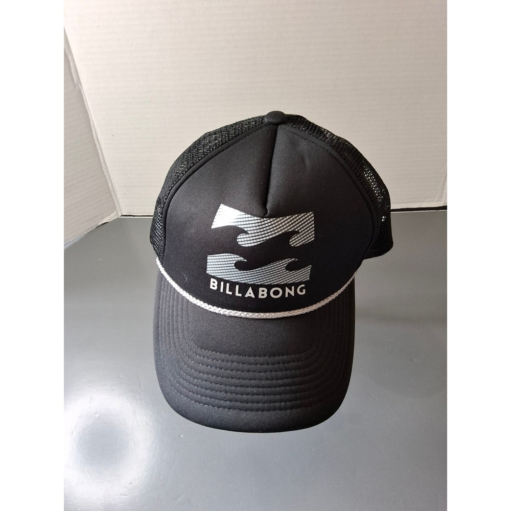Billabong Mens Black Trucker Hat Snapback Mesh Wave Logo Silver Graphic Cap‎